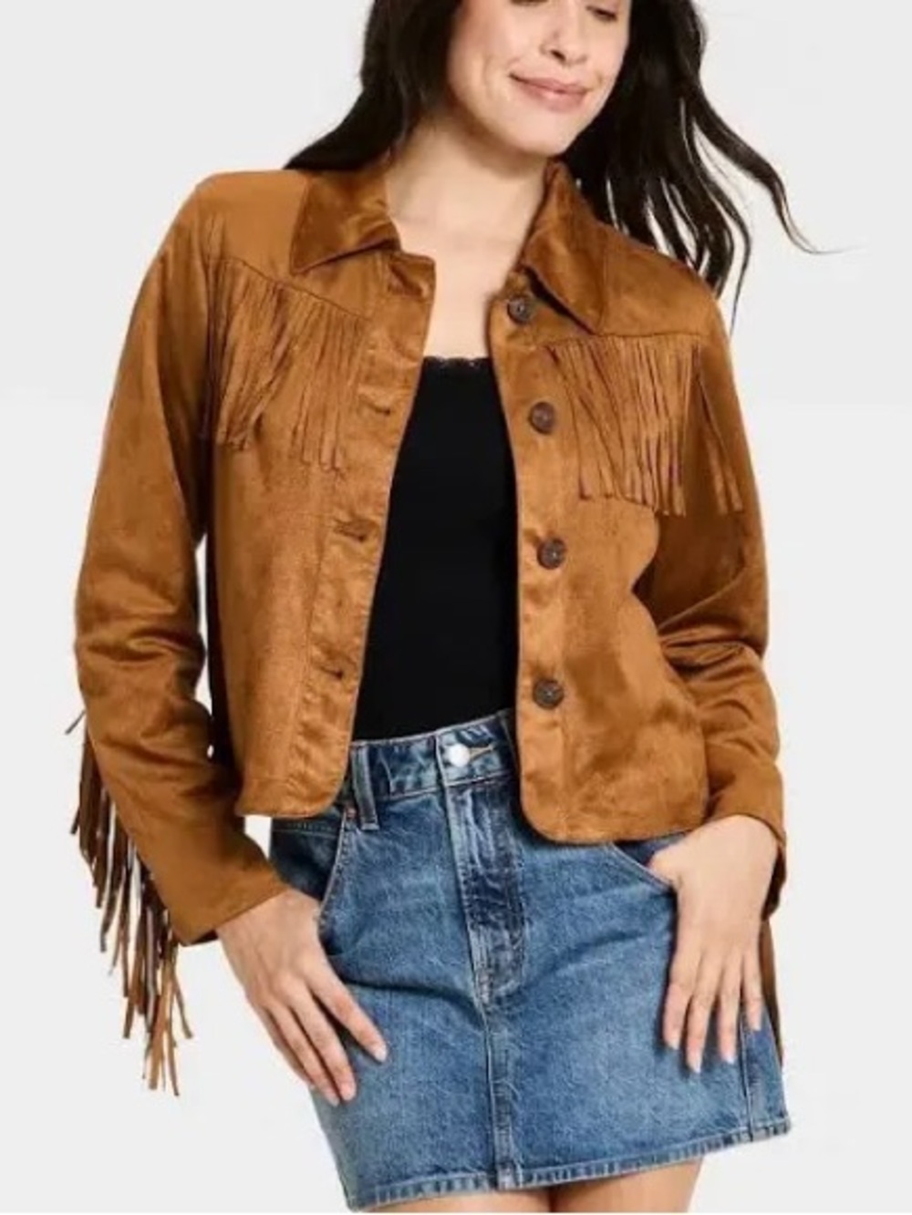 Universal Thread Camel Fringe Suede-Look Button Up Jacket